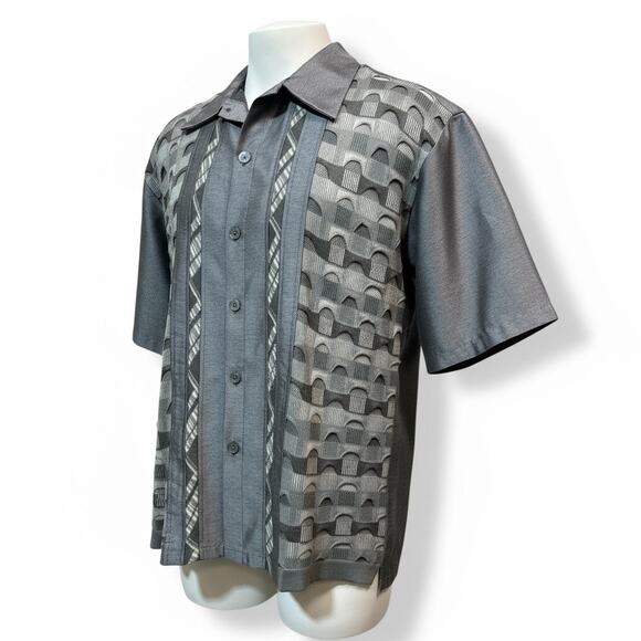 Michael Irvin 88 Shirt Sz M Silver Silk Blend Button Up Textured Geometric Retro - Picture 3 of 9